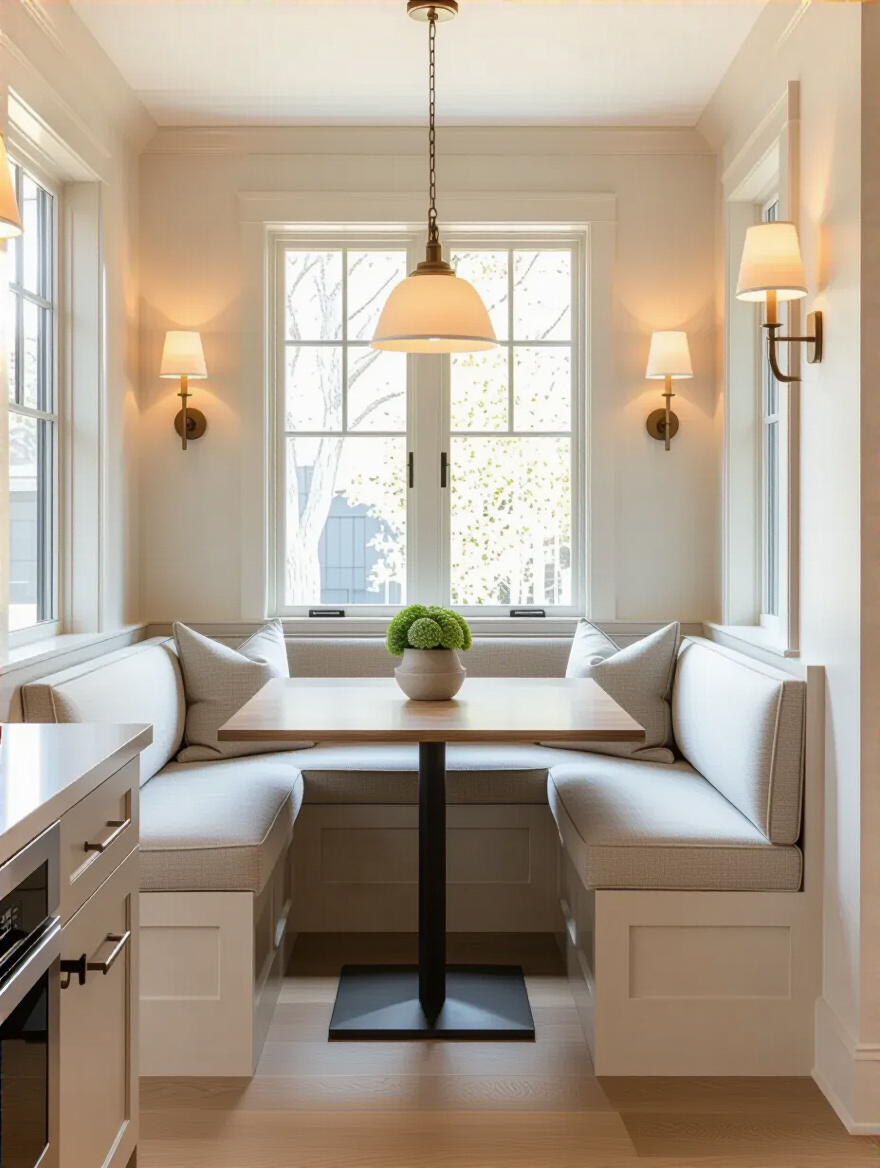 Modern kitchen with integrated banquette seating featuring upholstered bench and built-in storage in a cozy dining nook