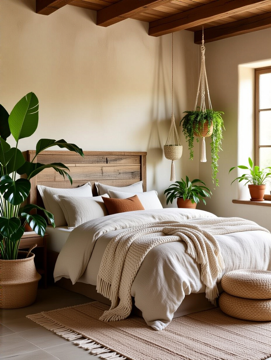 Vertical view of a rustic bedroom corner with a reclaimed wood headboard, layered linens and multiple living plants in woven baskets and terracotta pots lit by soft natural window light