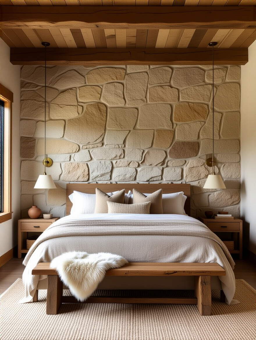 Portrait view of rustic bedroom with full-height fieldstone accent wall, reclaimed wood bed, warm lighting and layered textiles