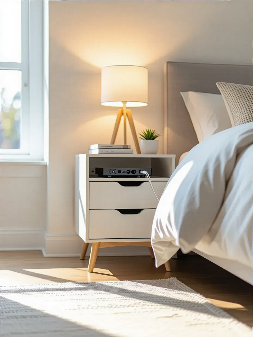 Minimalist modern bedroom nightstand with integrated seamless cable management and no visible wires