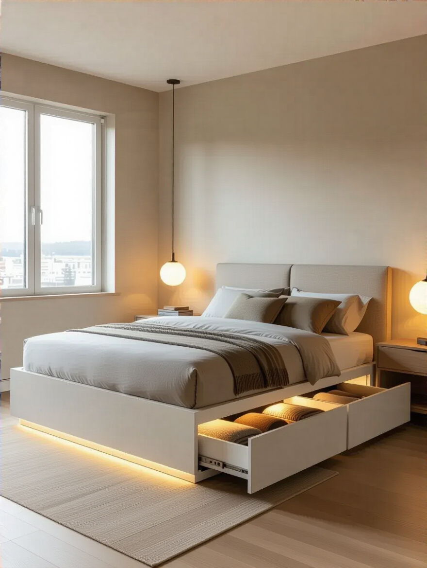 Modern bedroom with platform bed featuring smart under-bed storage drawers open, neatly organized and clutter-free