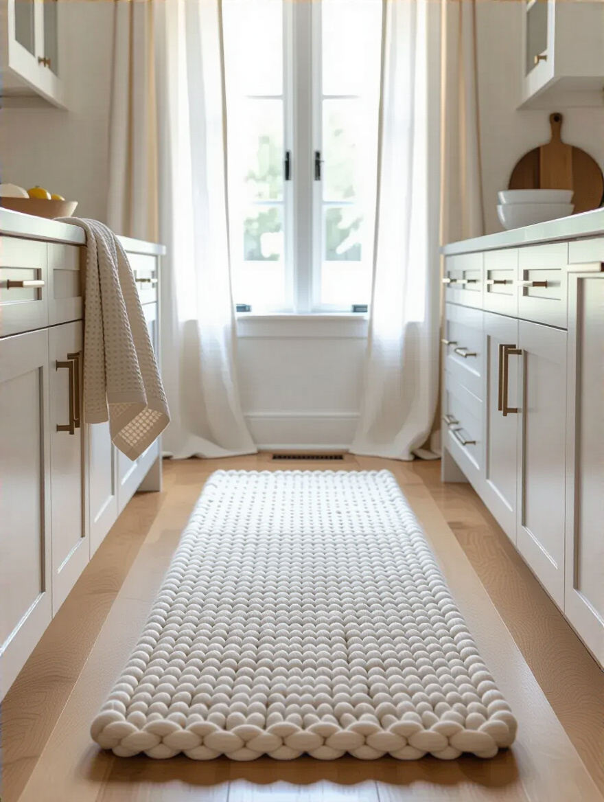 Modern kitchen corner featuring a chunky knit wool rug, sheer linen curtains, and waffle-weave cotton dish towels highlighting integrated textures