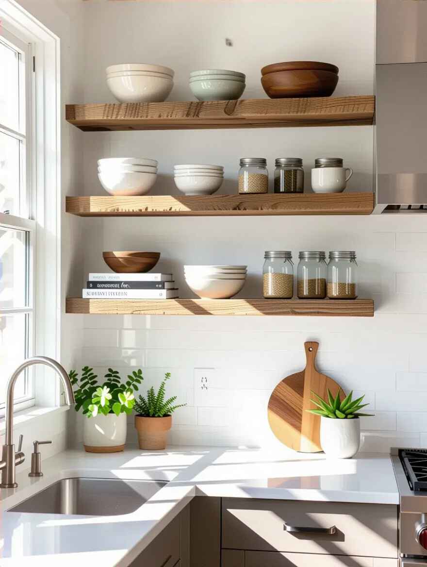 Modern kitchen with reclaimed wood open shelving displaying decor and kitchenware above countertop and sink