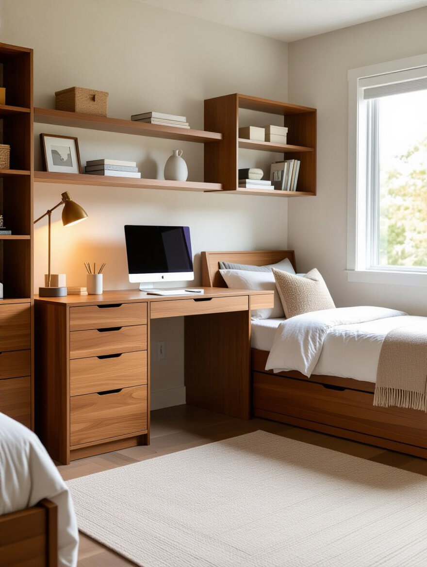 Portrait view of a teenager’s bedroom corner with quality versatile furniture including adjustable desk and modular shelving under soft natural light