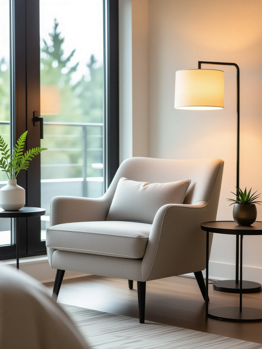 Modern bedroom corner with a comfortable accent chair, minimalist side table, and warm ambient lighting creating a stylish relaxation spot