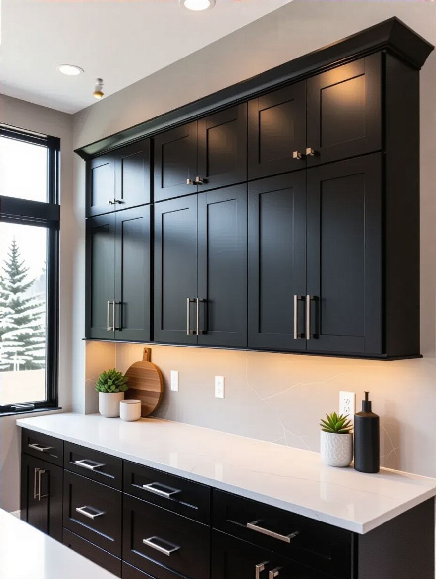 Vertical display of black cabinet door profiles (slab, Shaker, recessed, raised, glass-front) in a modern kitchen showroom.