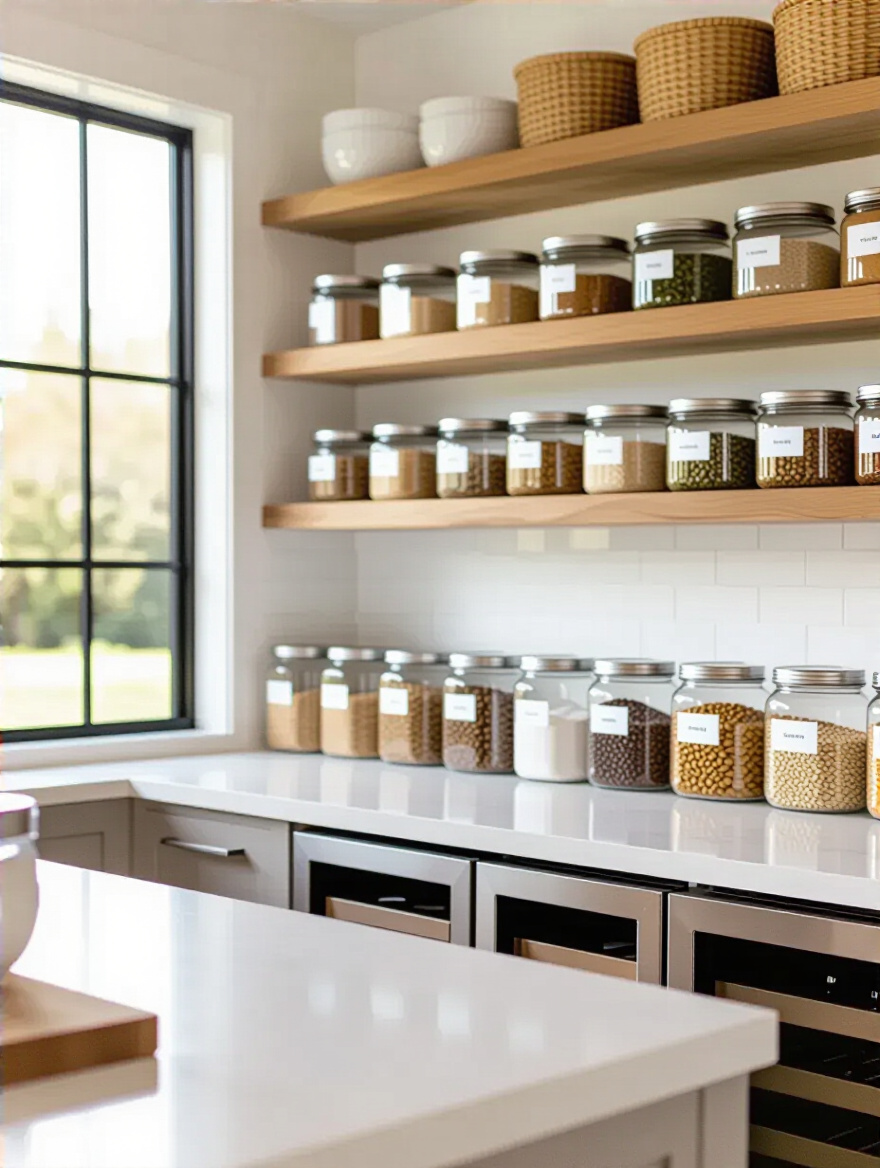 Modern pantry and prep area with uniform containers and label systems (no text visible).