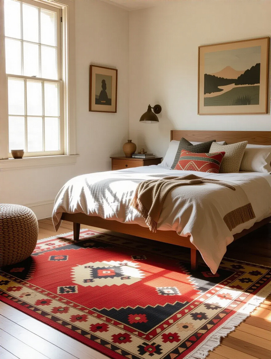 Portrait interior shot of a retro bedroom with an authentic vintage rug grounding the bed and textiles.