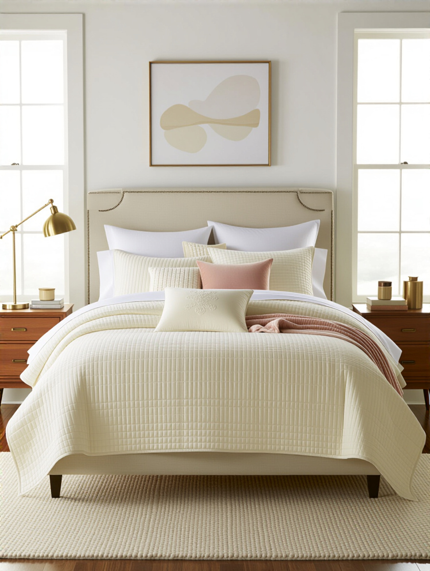 Boutique-bedroom scene with layered plush vintage bedding, cream and ivory textiles, and warm lighting.