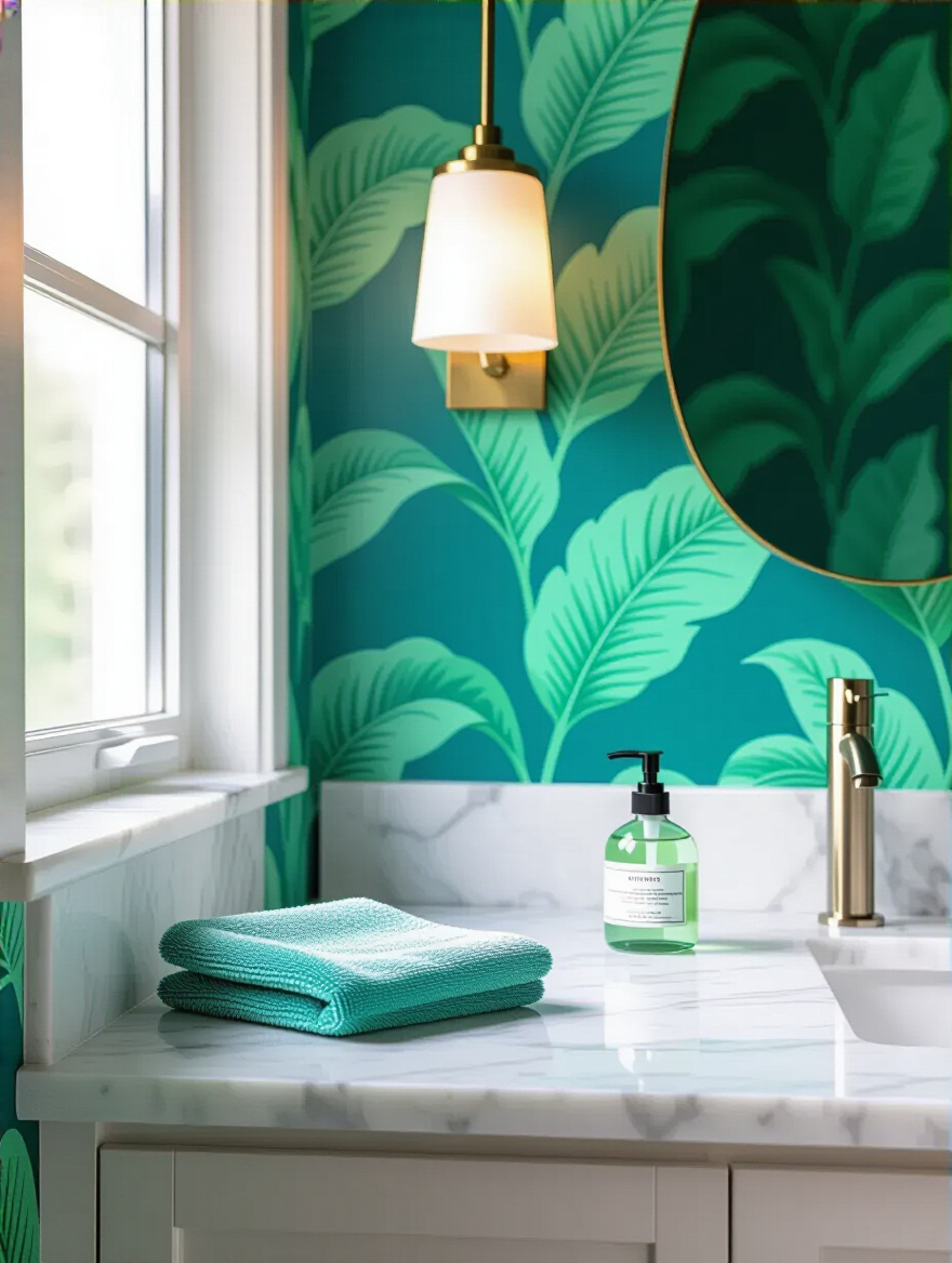Portrait shot of a modern bathroom with vibrant wallpaper, a clean vanity, and neatly arranged cleaning tools on the counter