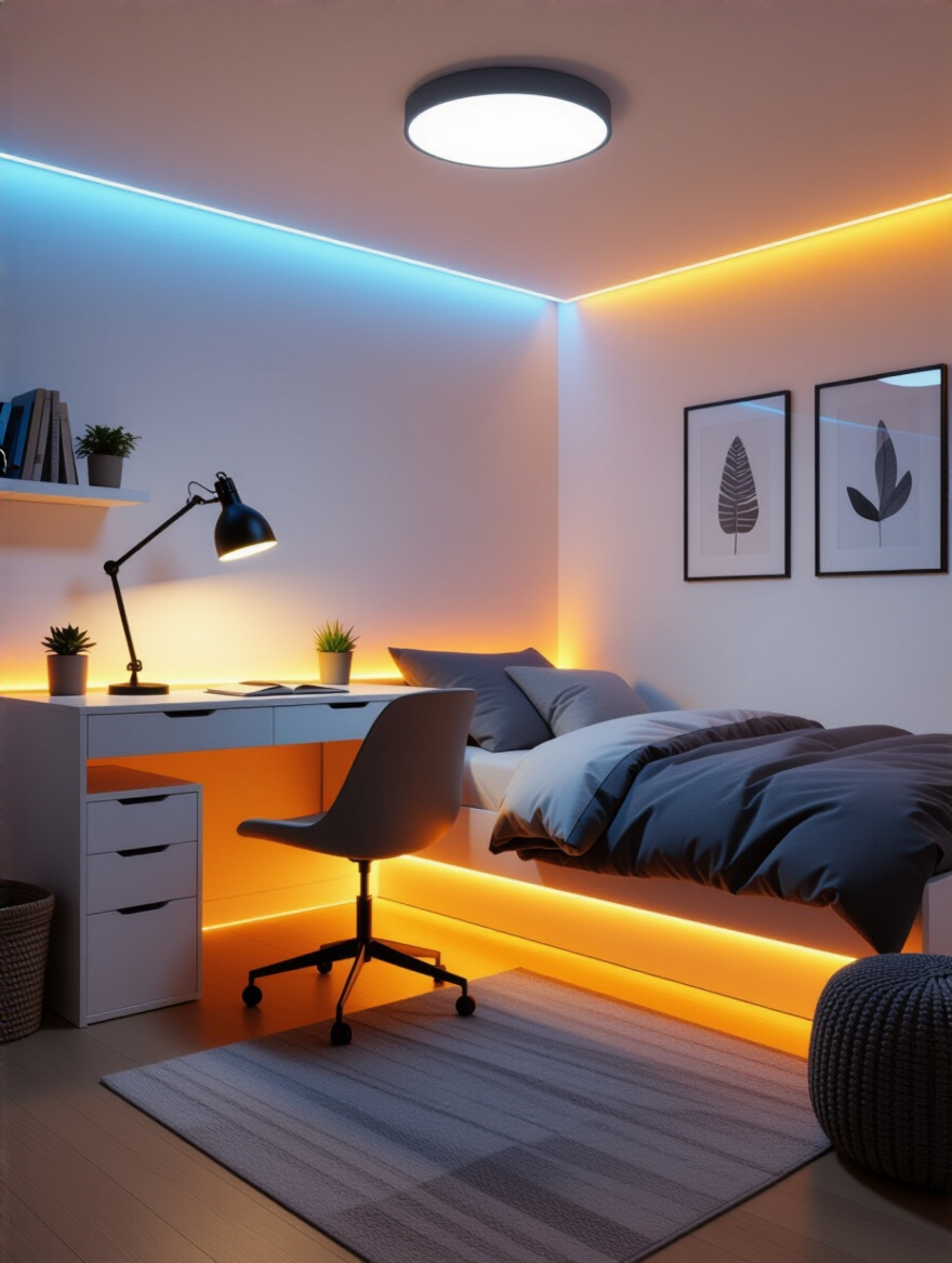 Teen bedroom illuminated with layered ambient, task, and accent lighting creating a perfect mood setting