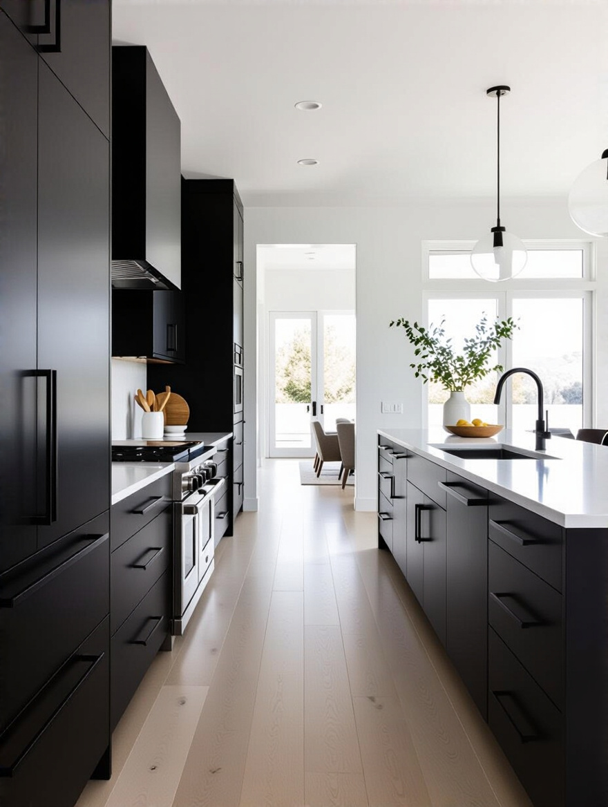 Modern kitchen with matte black cabinets and light flooring, emphasizing contrast and spacious feel