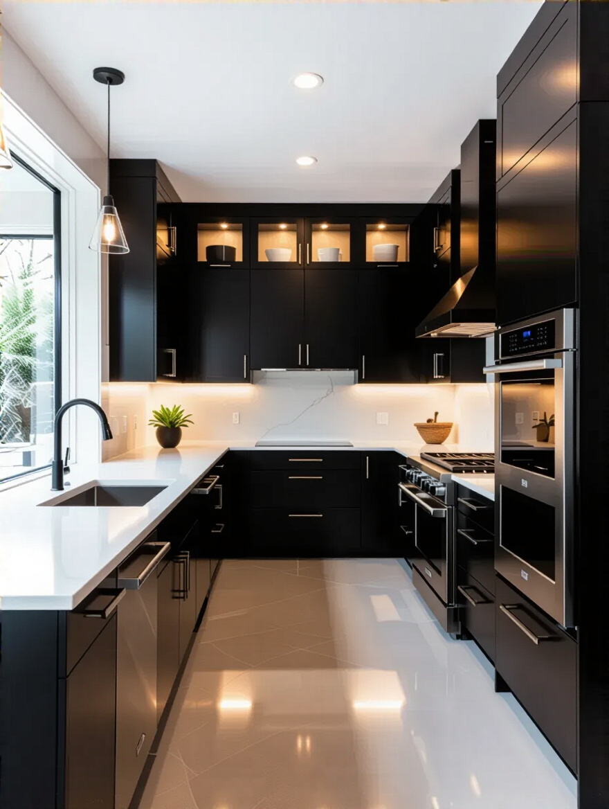 Vertical portrait of a modern kitchen with black cabinets and layered lighting, no people or text