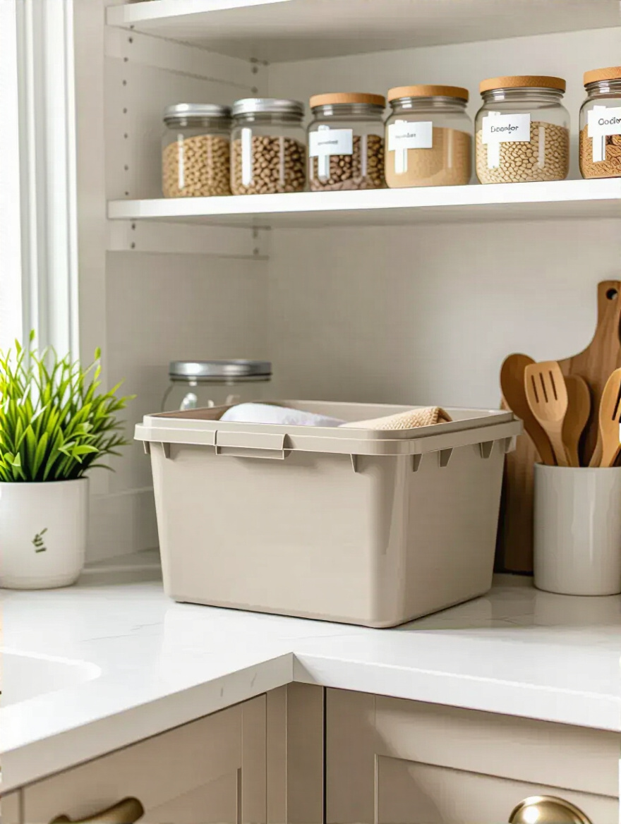 Vertical kitchen scene with a donation box in a pantry corner, ready to receive items no longer serving their purpose.