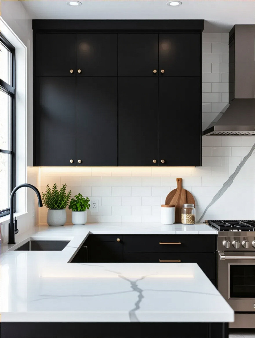Portrait kitchen with black cabinets and light backsplash for striking contrast