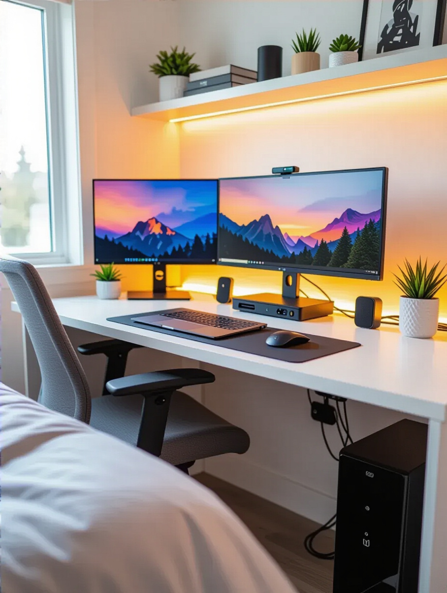 Clean and organized teen bedroom desk with concealed cables and streamlined tech setup