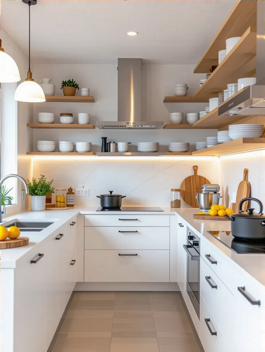 Modern kitchen interior with clearly defined workflow zones for storage, preparation, cooking, serving, and cleaning
