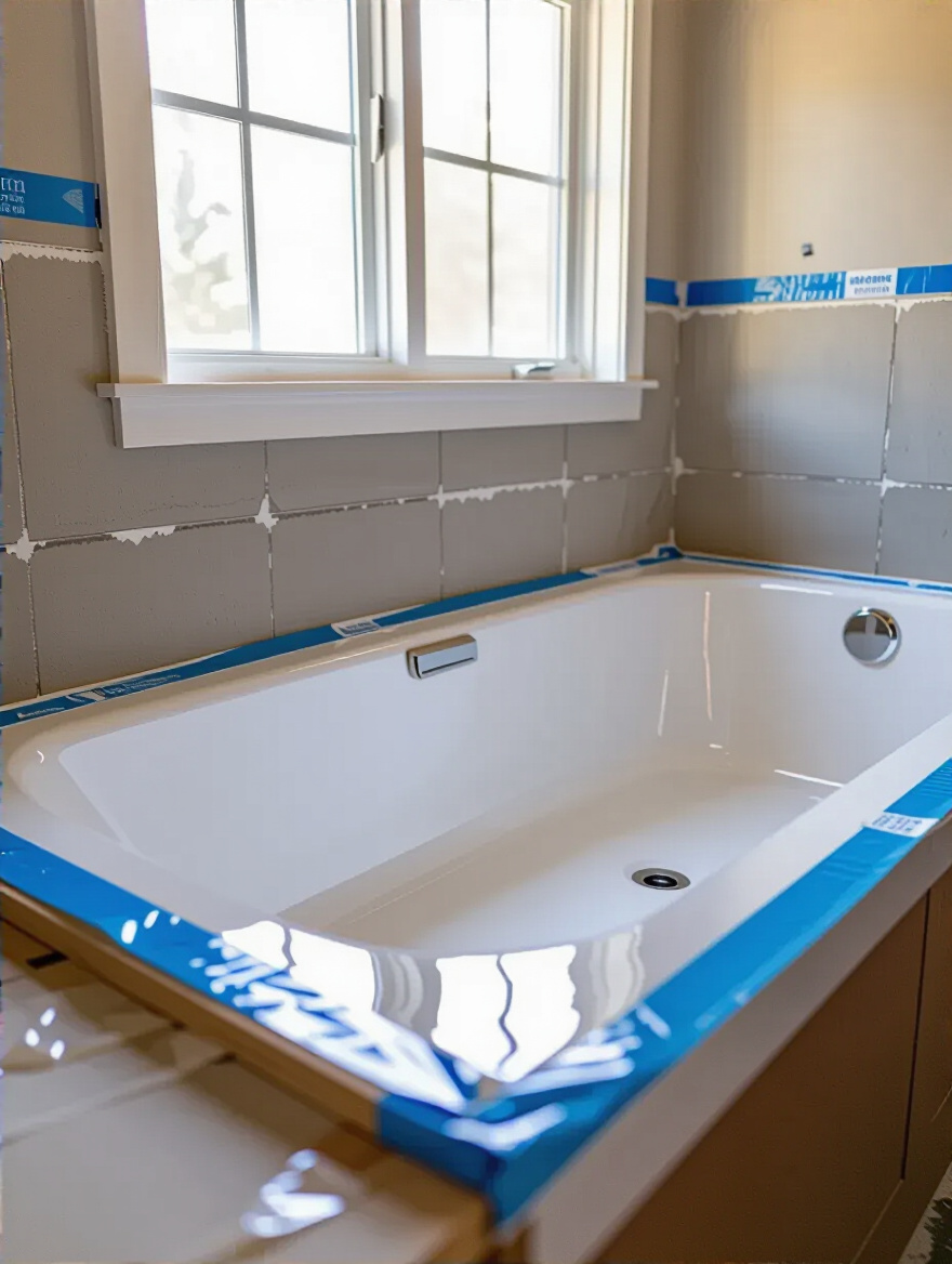Close-up of waterproofing membrane and tape applied around bathtub surround during remodel