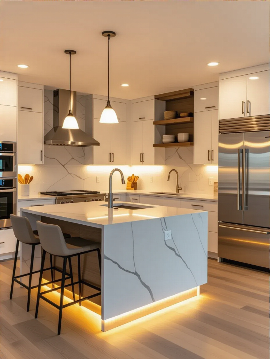 Modern kitchen illuminated with layered lighting including ambient ceiling lights, under-cabinet task lighting, and toe-kick accent lights highlighting a functional and stylish space