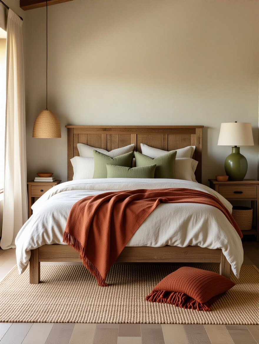 Vertical view of a rustic bedroom with soft greige walls, linen bedding, terracotta throw, sage accents, reclaimed wood nightstand and jute rug illustrating an earthy color palette for a serene atmosphere
