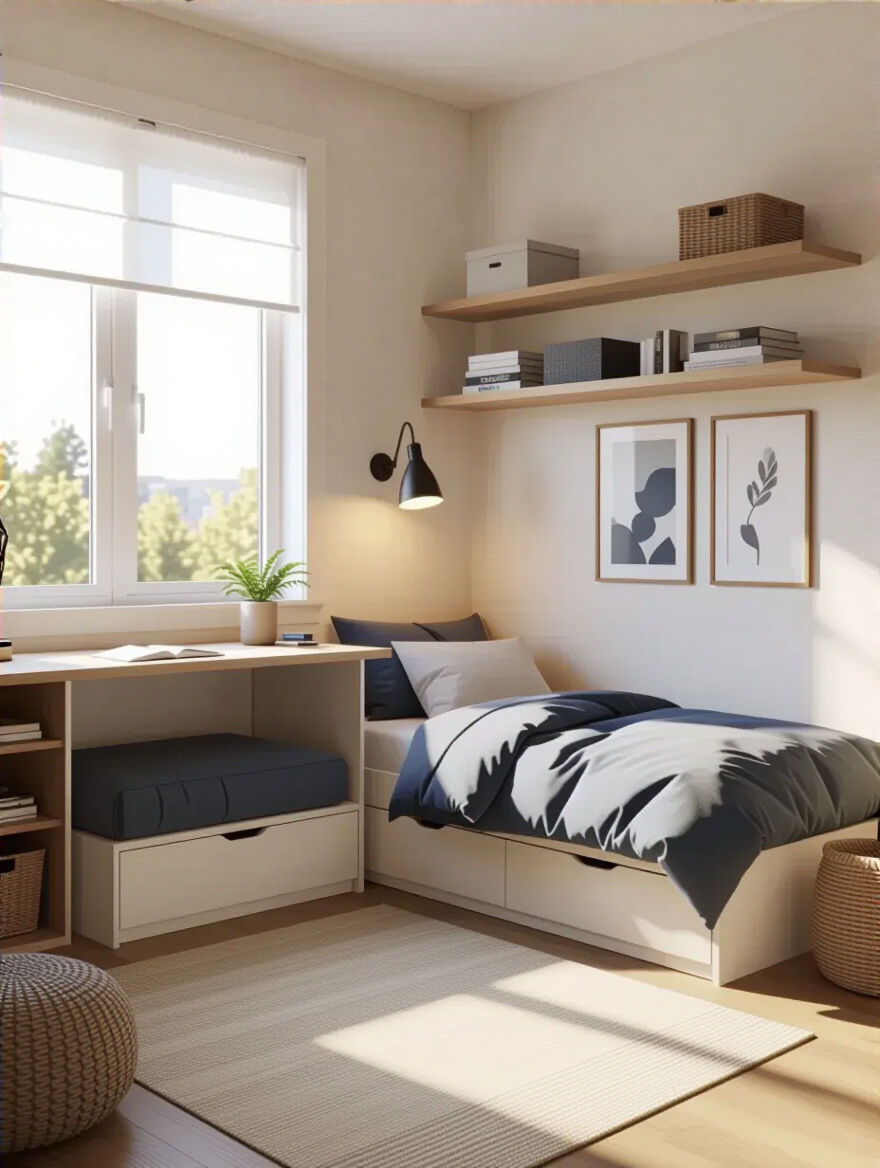 Teen bedroom with optimized furniture layout showing clear pathways and functional zones for easy movement