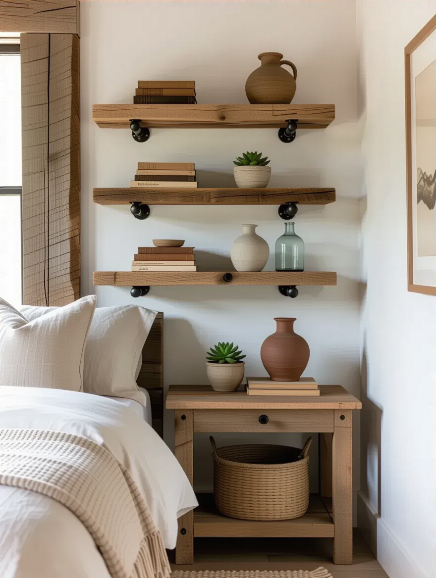 Vertical rustic bedroom corner with three reclaimed wood wall shelves styled with books, plants and ceramics above a linen-covered bed.