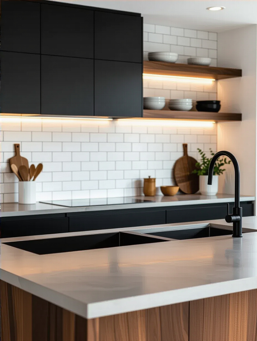 Modern kitchen with mixed materials and textures including matte black cabinetry, polished concrete countertop, and walnut shelves