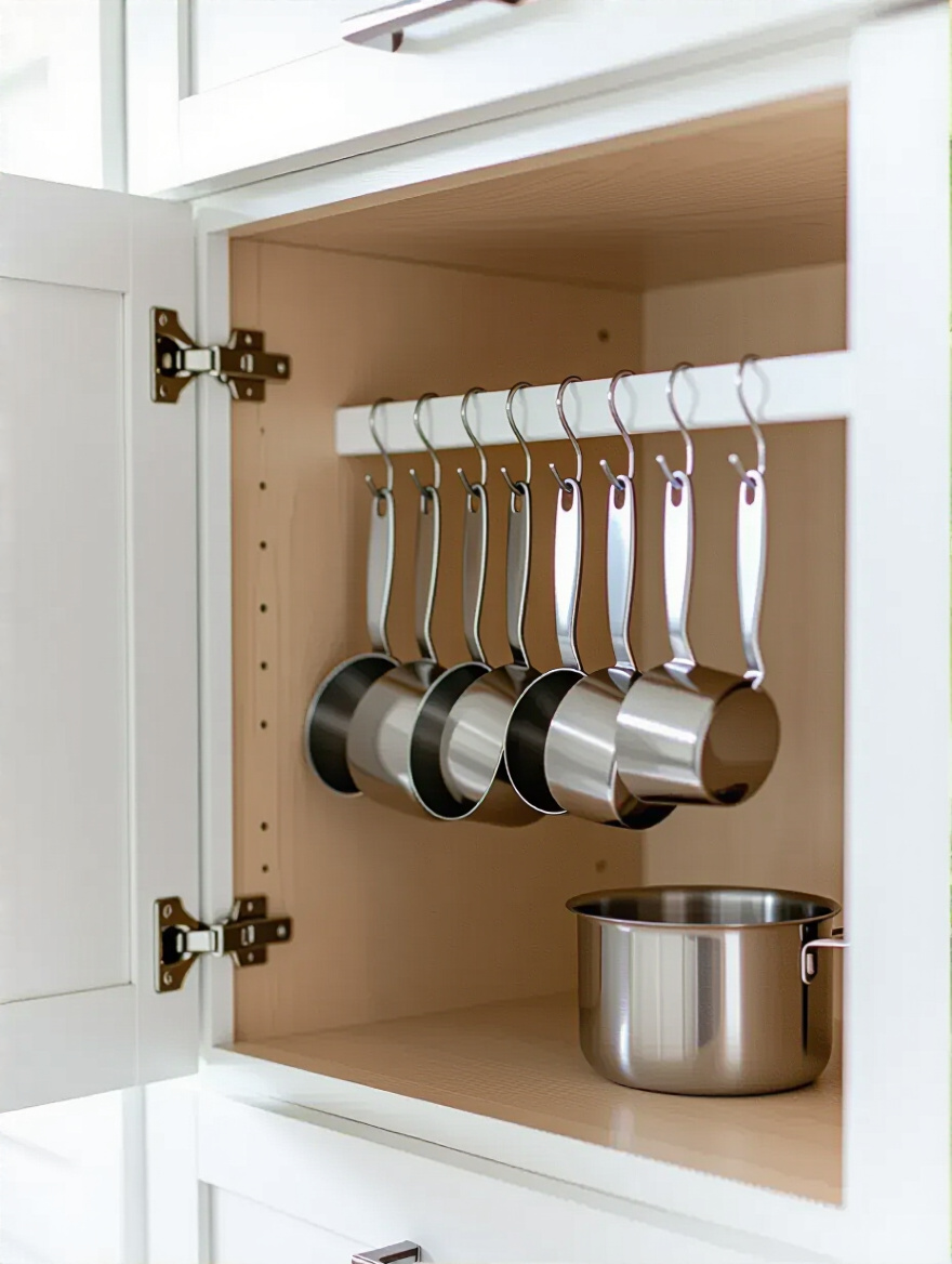Vertical shot of a kitchen cabinet interior with hooks on the door and measuring cups hanging neatly.