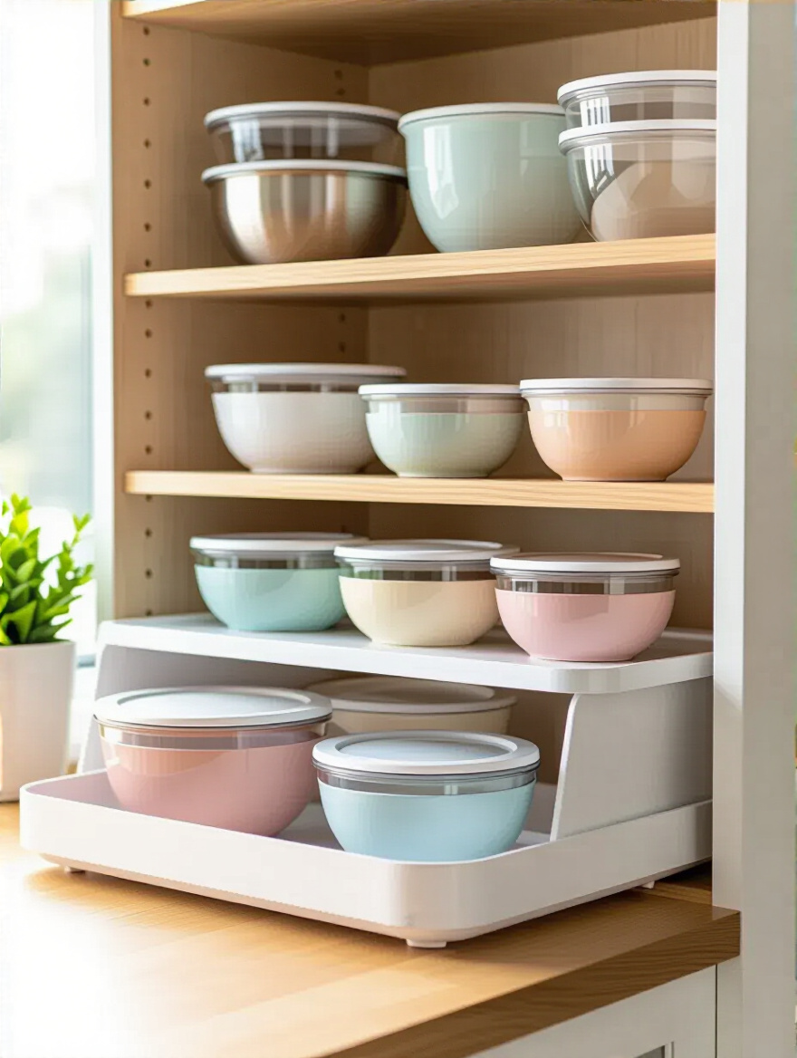 Organized nesting bowls and storage containers neatly stacked in a modern kitchen cabinet.