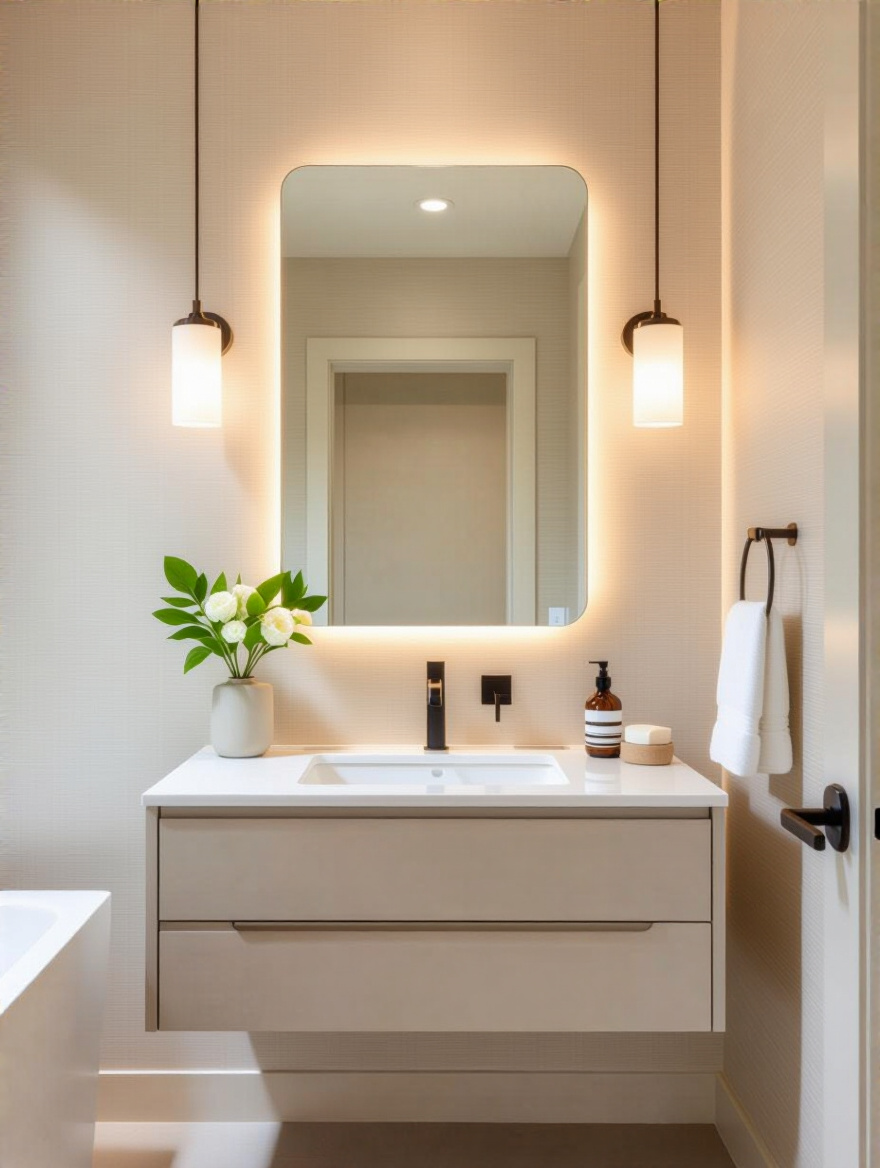 Bathroom wall with subtle textural wallpaper in neutral tones