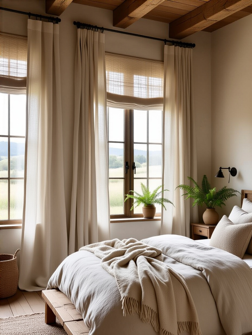 Rustic bedroom with layered linen and burlap curtains, reclaimed wood walls, and soft diffused natural light