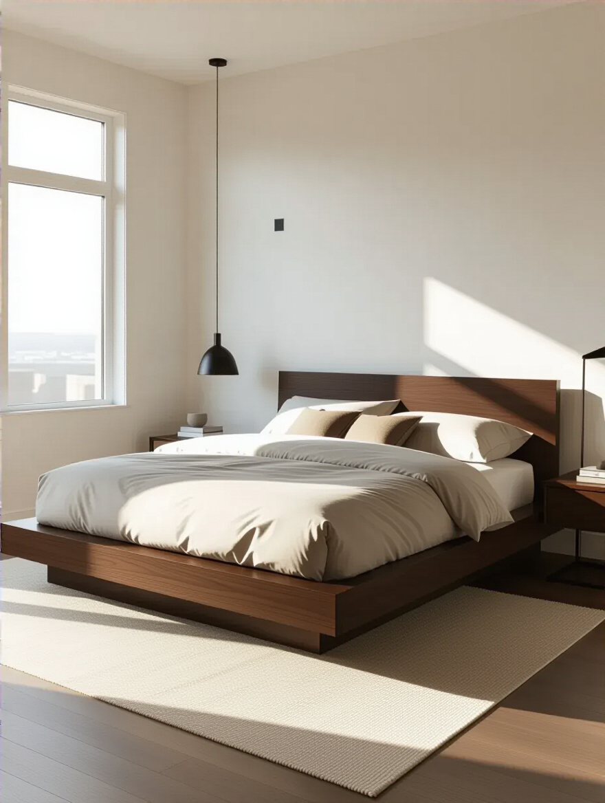 Modern bedroom with sleek dark wood platform bed, minimalist decor, and natural lighting