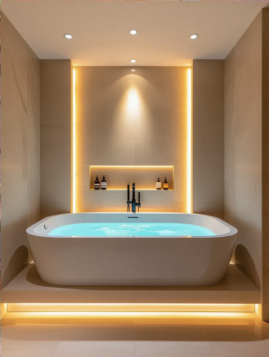 Modern bathroom with freestanding bathtub illuminated by warm layered lighting including recessed downlights and LED strip accent lights highlighting the tub area