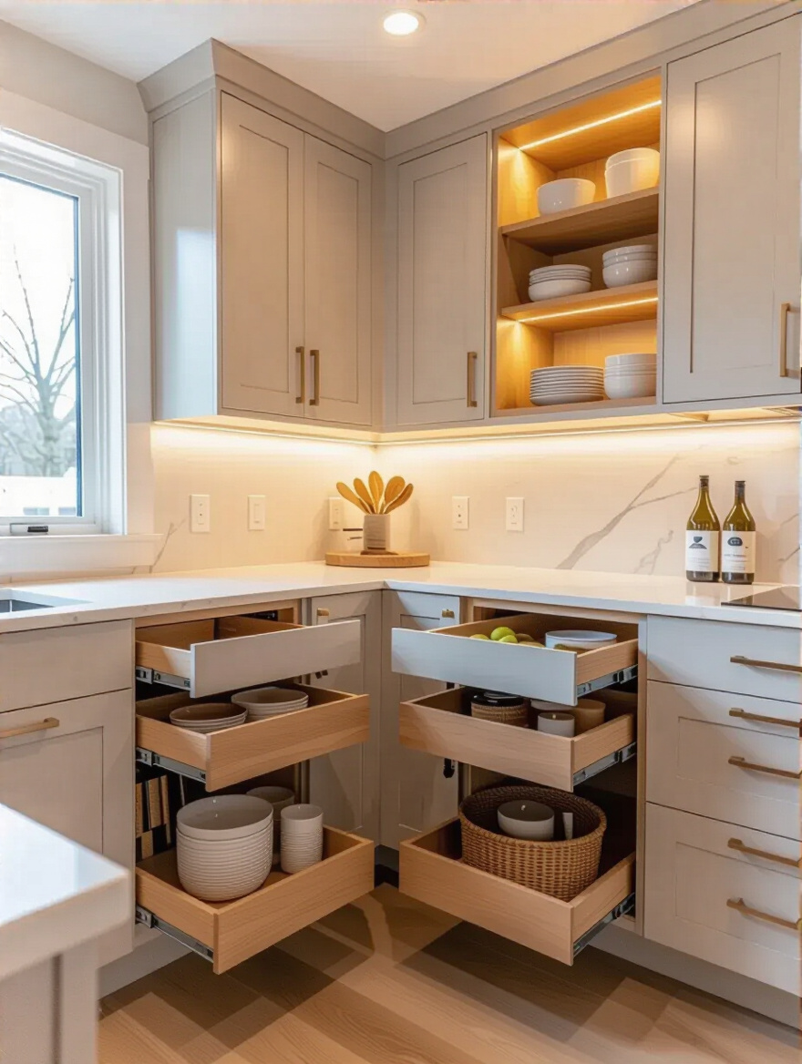 Modern kitchen corner with smart storage pull-out shelves and built-in nook, well-lit and organized
