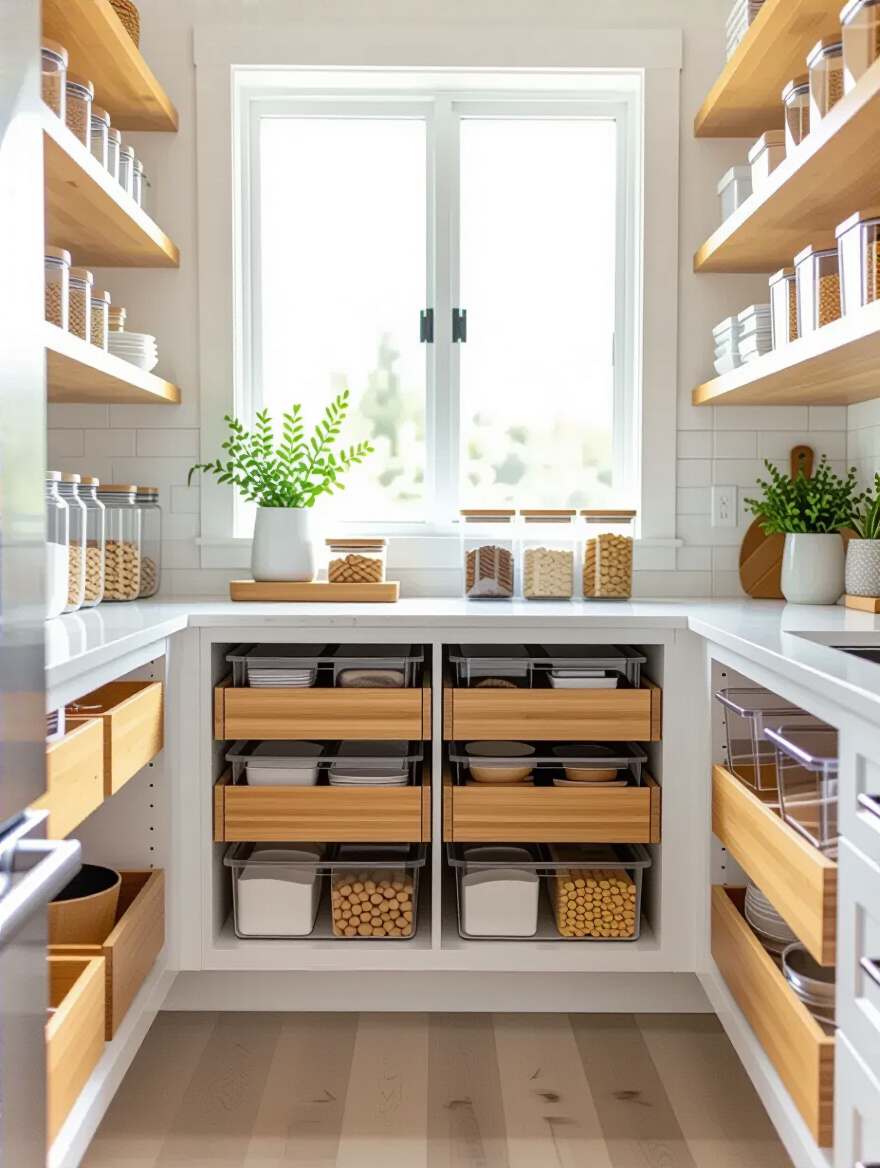 Organized kitchen pantry and drawer storage with clear containers and modular dividers for a clutter-free aesthetic