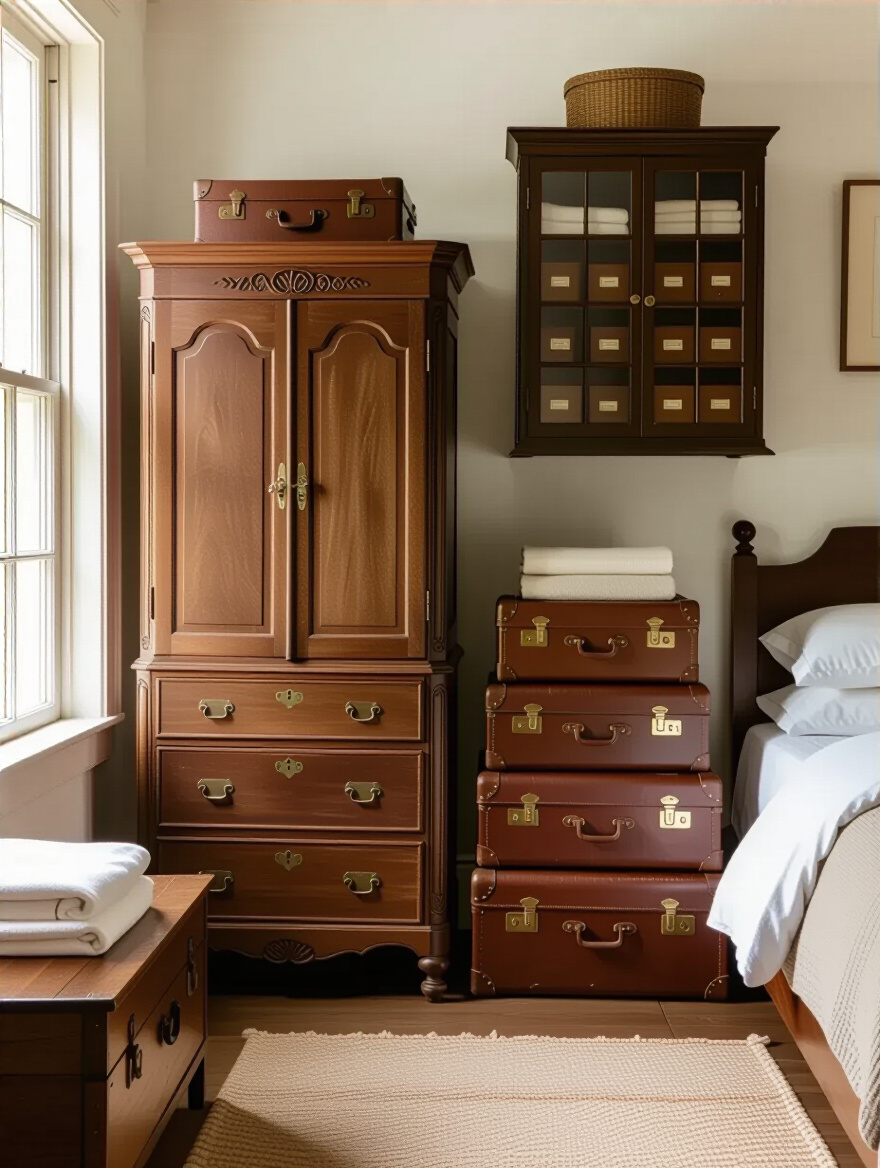 Styled vintage bedroom corner with antique armoire, stacked suitcases, and apothecary cabinet used for organized storage