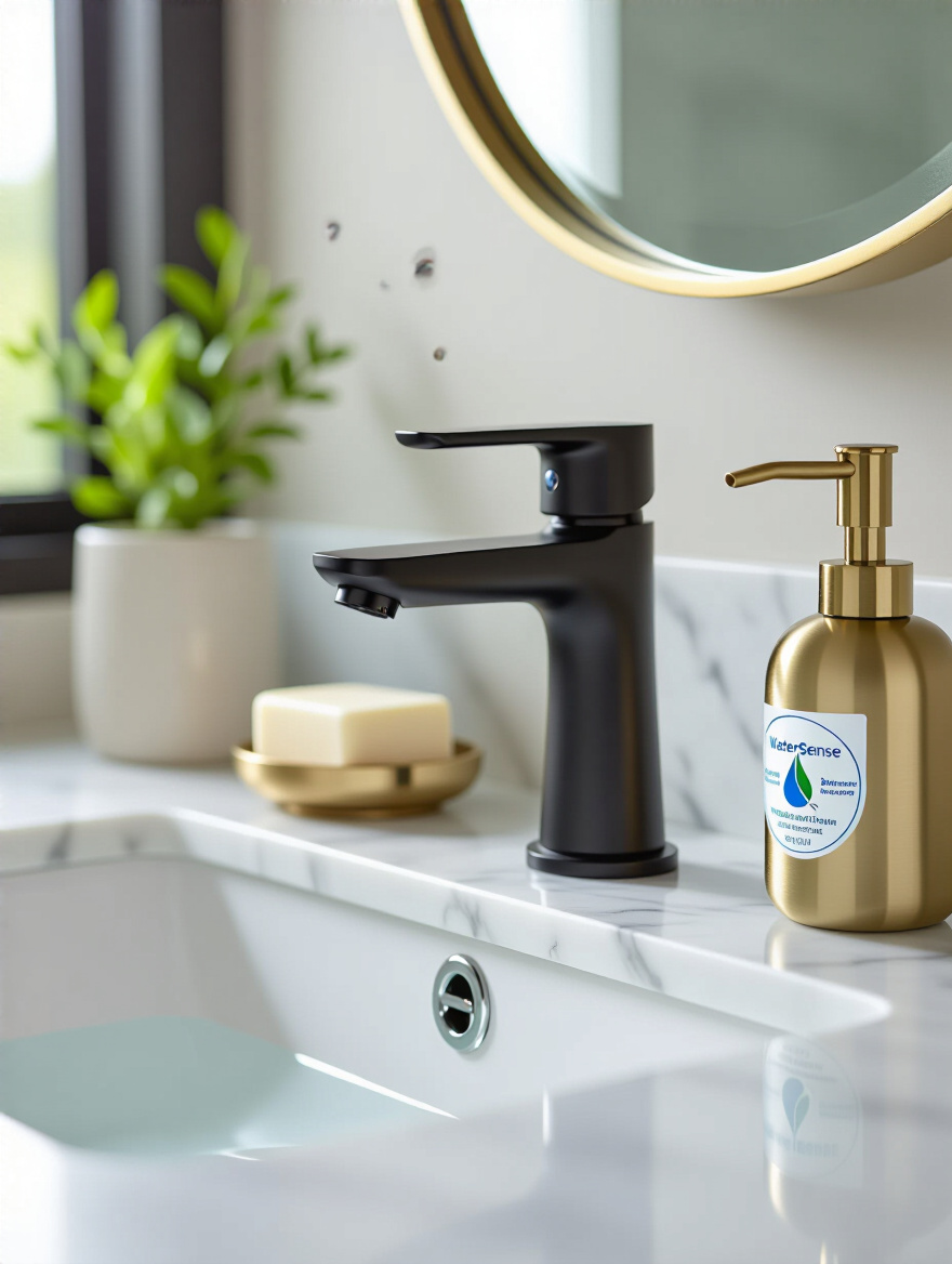 Close-up of water-efficient matte black faucet and polished chrome fixtures in a modern bathroom sink area with soft natural lighting