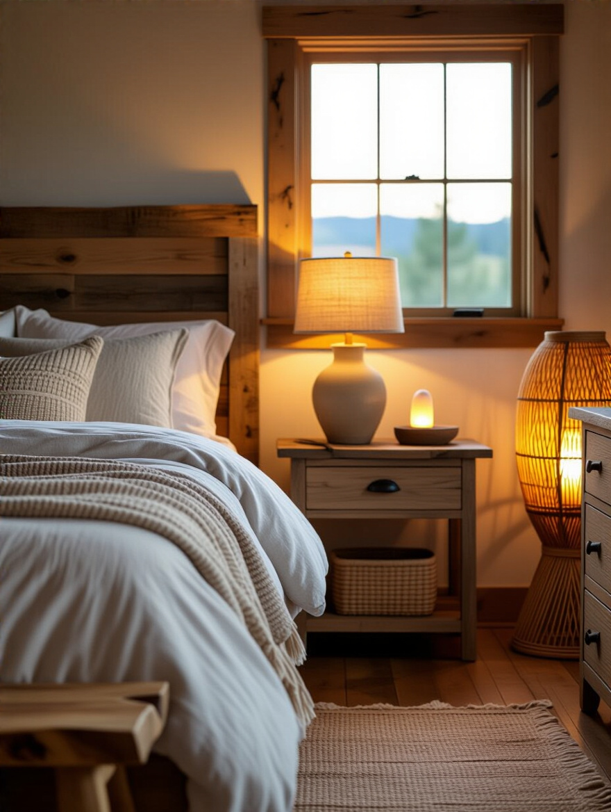 Rustic bedroom bathed in warm ambient lamplight with layered lamps, reclaimed wood headboard, and woven textiles