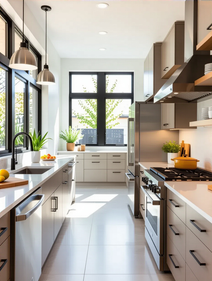 Modern kitchen with distinct functional zones for cold storage, cooking, and washing, well-lit and organized for practical workflow