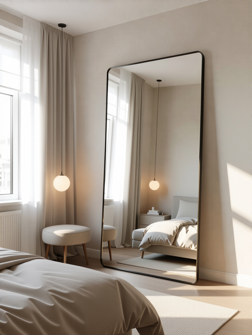 Modern bedroom with a large floor-to-ceiling mirror reflecting natural light, visually expanding the space