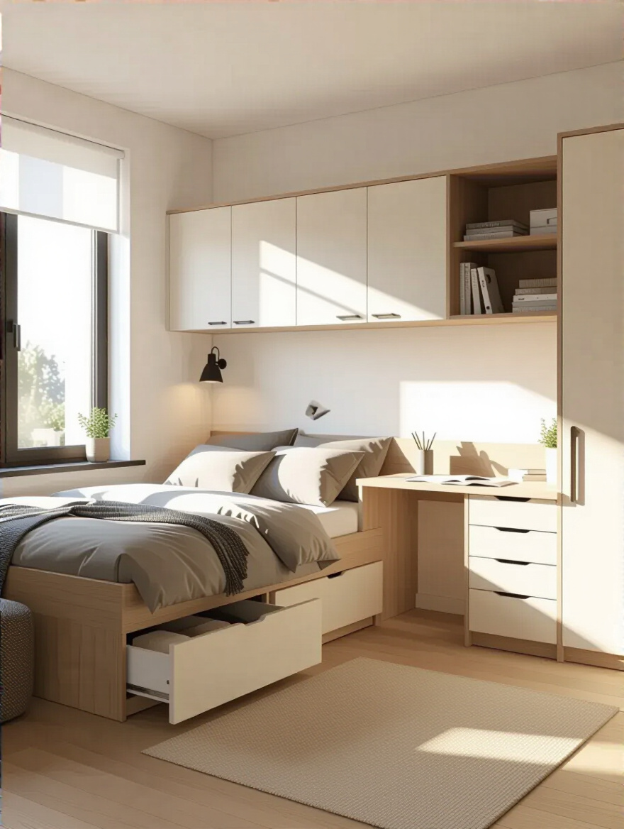 Modern bedroom with multi-functional furniture designed for daily routines and functionality needs