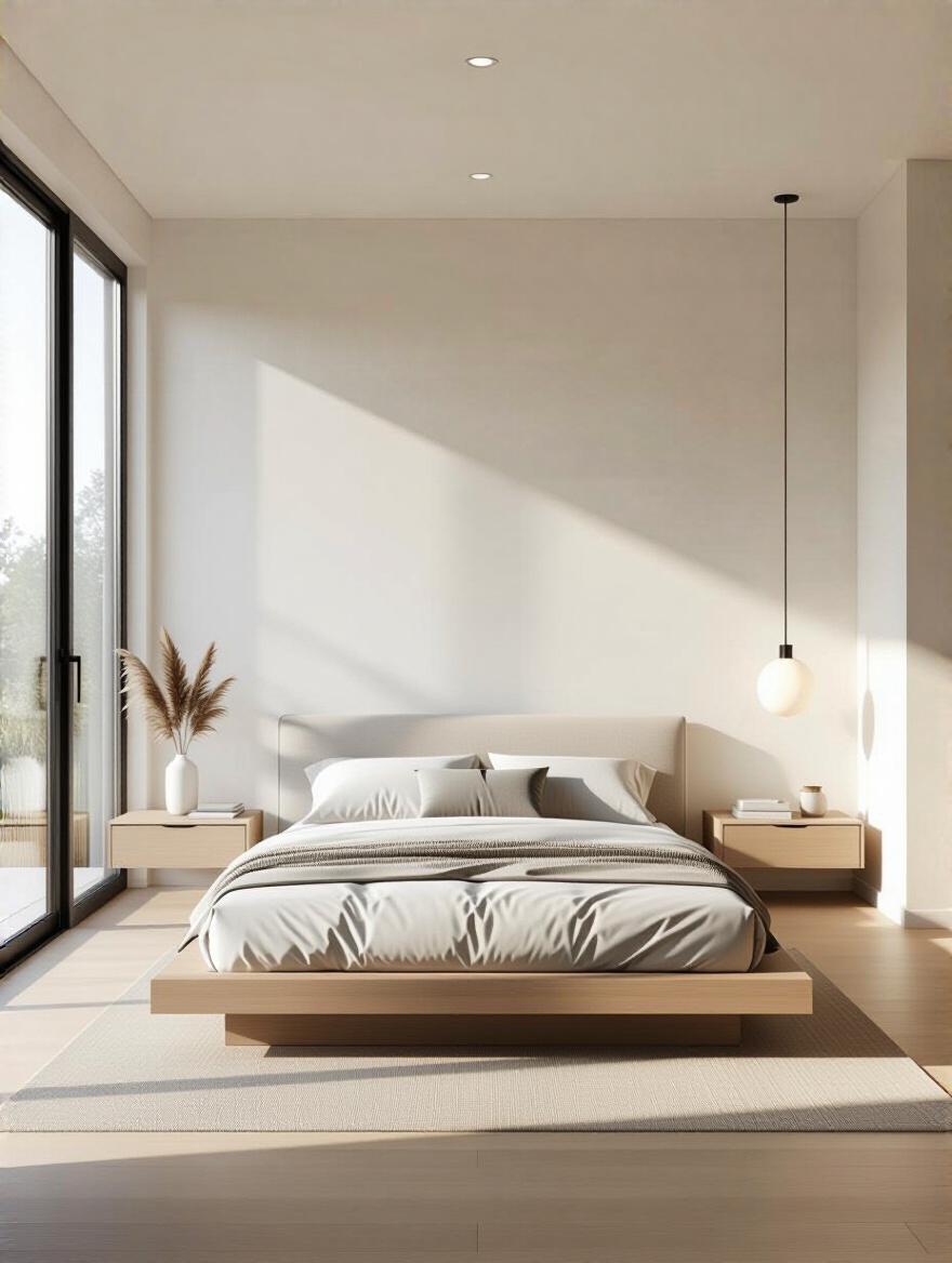 Modern bedroom with well-proportioned furniture and airy, uncluttered space emphasizing scale and balance