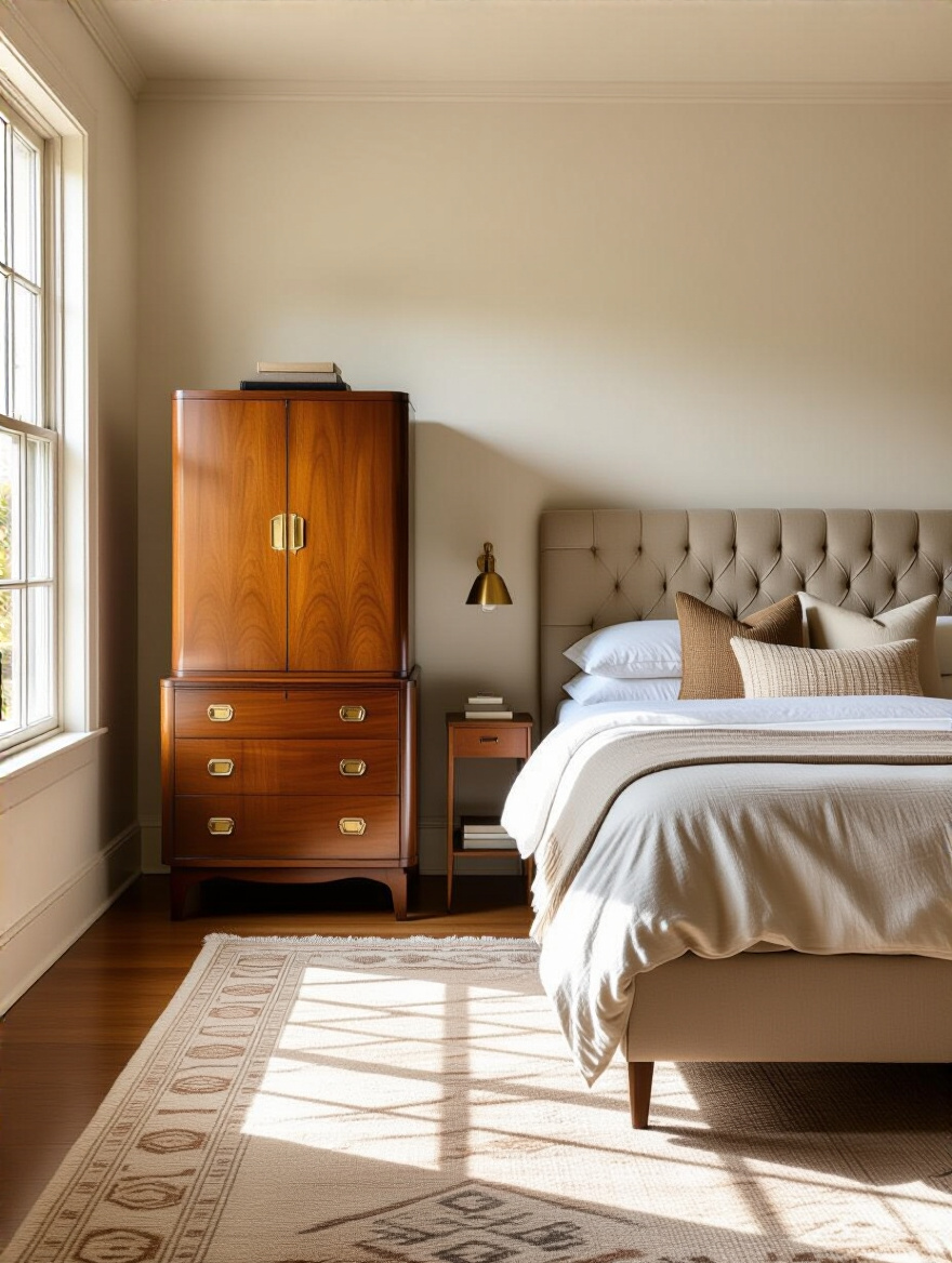 Vertical vintage bedroom with a dominant investment piece (armoire or dresser), warm morning light, rich wood and textures