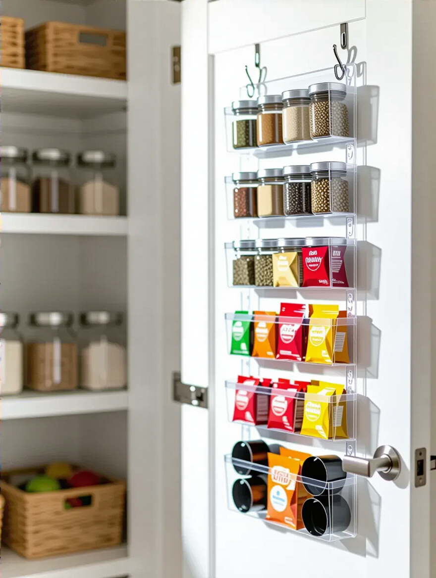 Vertical pantry door with clear pocket organizer storing spices and snacks