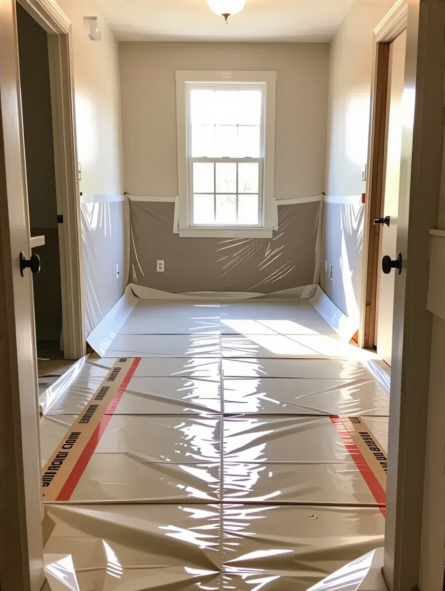 Bathroom interior fully prepared for demolition with floor protection and plastic sheeting containment