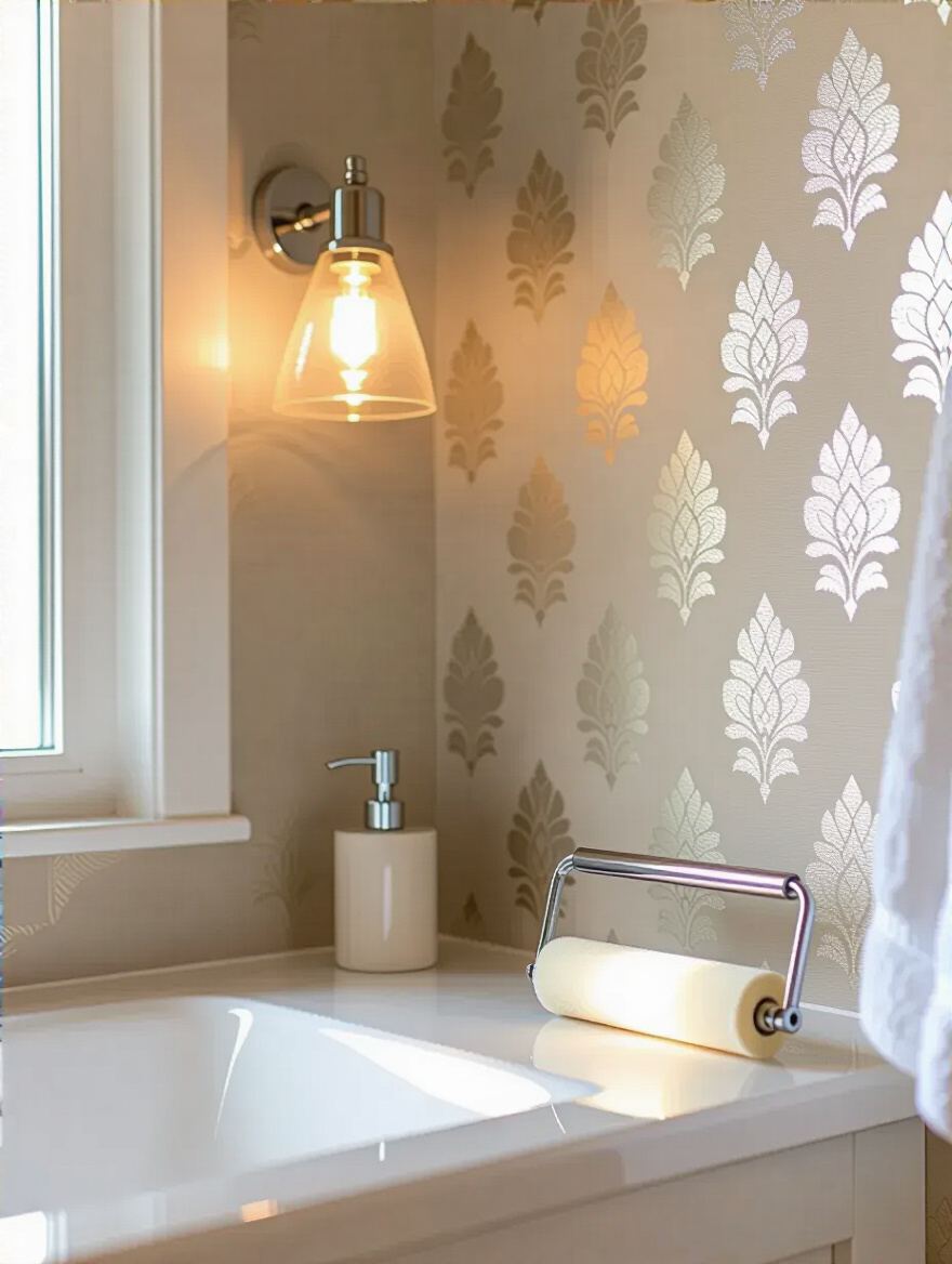 Portrait vertical shot of a bathroom wall with subtle wallpaper and seams highlighted by a flashlight for inspection