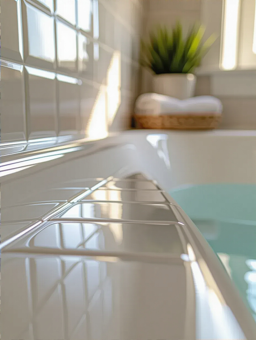 Close-up portrait photo of freshly sealed grout lines on bathtub tiles showcasing clean, durable, and easy-to-clean grout