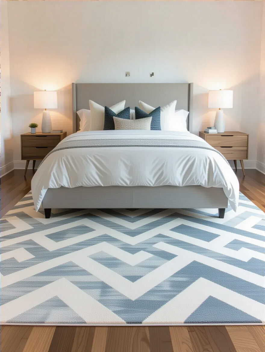 Modern bedroom with a large abstract geometric rug under a king-sized bed, hardwood floors, and minimalist furniture defining distinct zones