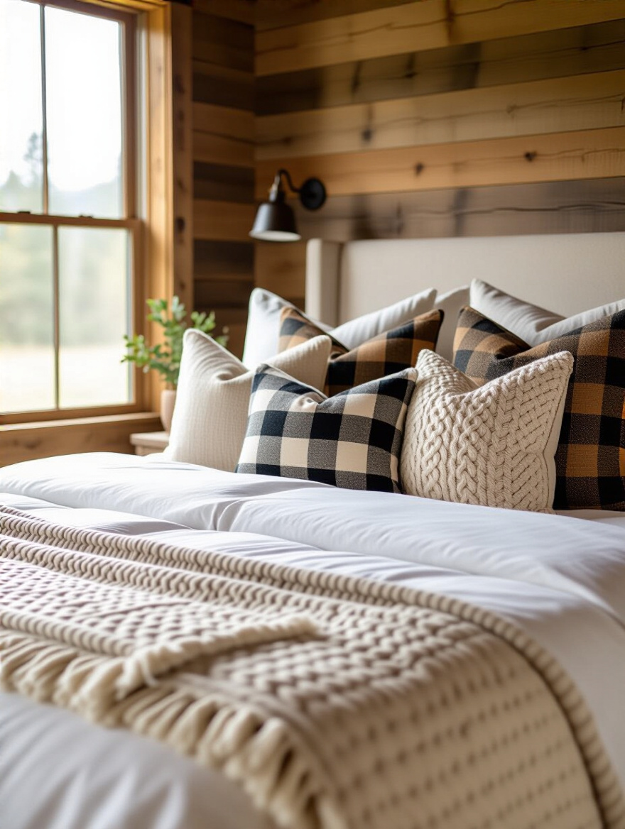 Vertical photo of a rustic bed layered with raw-edged linen and chunky knit accent pillows in muted plaids and botanical prints, warm natural light highlighting textures.