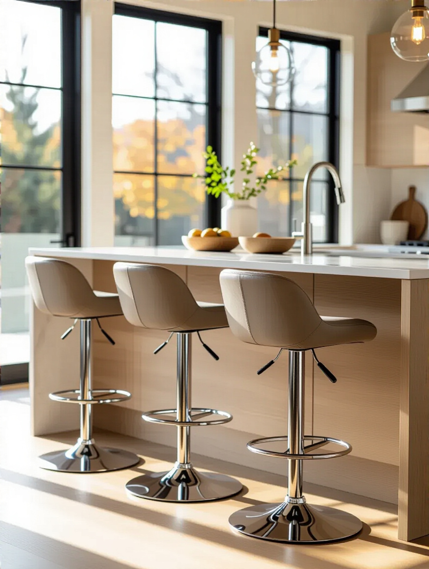 Modern kitchen island with sleek adjustable bar stools featuring pneumatic lift, shown in a bright, contemporary kitchen setting.